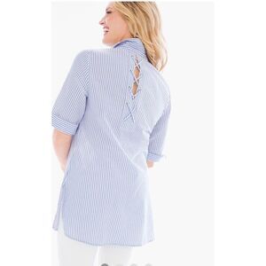 Chico's blue &‎ white striped short sleeve button up top Sz 3